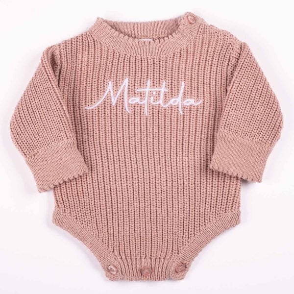 Blush Pink Long Sleeve Baby Romper Matilda White Personalised blush pink chunky knit long sleeve baby romper with white embroidered name and button shoulders