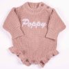 Blush Pink Long Sleeve Frill Baby Romper Poppy Name Personalised blush pink chunky knit long sleeve frilly baby girl romper with white embroidered name and ruffle hem