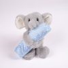 Elephant Baby Comforter Sitting Thomas Grey elephant baby comforter holding personalised blue and white striped security blanket with blue name embroidery