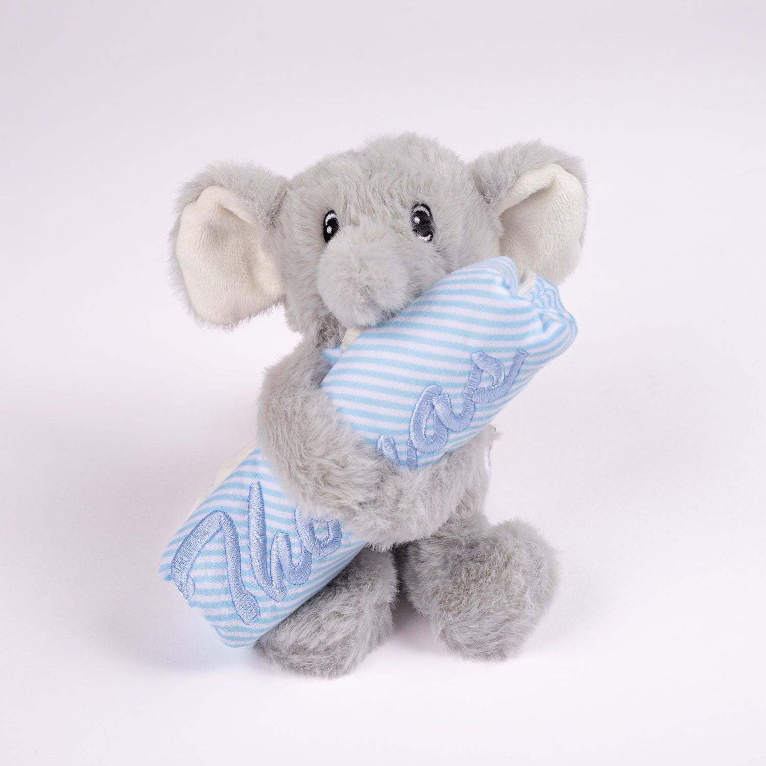 Grey elephant baby comforter holding personalised blue and white striped security blanket with blue name embroidery