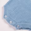 Long Sleeve Blue Baby Romper Close Up Bottom Edge Close-up of blue chunky knit baby romper showing button fastening detail at hem