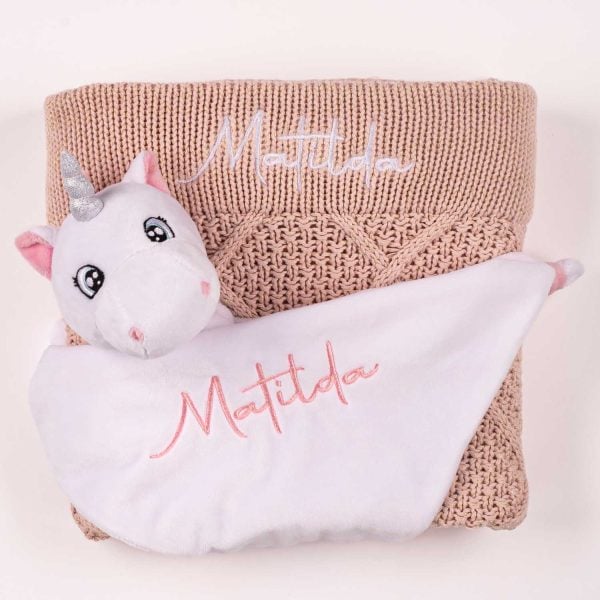 Pink & Gold Diamond Knitted Baby Blanket & Unicorn Comforter Matilda Personalised pink and gold diamond knit baby blanket with white name embroidery and white unicorn comforter with pink name embroidery