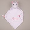 Unicorn Baby Comforter Overhead Matilda Personalised white unicorn baby comforter with pink name embroidery on white security blanket