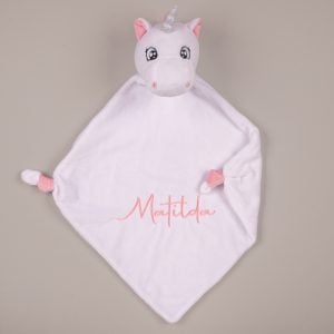 Personalised white unicorn baby comforter with pink name embroidery on white security blanket