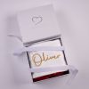 Burgundy & Gold Baby Christmas Stocking Gift Box Personalised burgundy and gold snowflake velvet baby Christmas stocking with gold Oliver embroidery presented in a One Little Day gift box