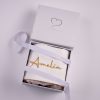 Light Pink & Gold Baby Christmas Stocking Gift Box Personalised light pink and gold snowflake velvet baby Christmas stocking with gold Amelia embroidery presented in a One Little Day gift box