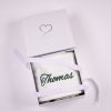Sage Green Baby Christmas Stocking Gift Box Personalised sage green velvet baby Christmas stocking with dark green Thomas embroidery presented in a One Little Day gift box