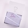 Lavender Mottled Knitted Baby Blanket Gift Box Personalised lavender mottled knit baby blanket with purple name embroidery presented in a One Little Day gift box