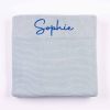 Powder Blue Knitted Baby Blanket Sophie Personalised powder blue knit baby blanket with blue Sophie embroidery on ribbed border