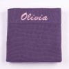 Purple Knitted Baby Blanket Olivia Personalised purple knit baby blanket with pink Olivia embroidery on ribbed border