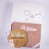 Blush Pink Diamond Knit And Bear Girl Birth Announcment Disc. Gift Box Blush pink diamond knitted personalised baby blanket and wooden bear birth announcement disc with pink acrylic bear presented together in an open One Little Day gift box with white ribbon bow.