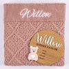Blush Pink Diamond Knit And Bear Girl Birth Announcment Disc. Willow Blush pink diamond knitted personalised baby blanket with white embroidered script name displayed alongside a wooden bear birth announcement disc with pink acrylic bear and birth detail fields.