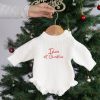 Personalised 1st Christmas Long Sleeve Frills Romper Personalised white knitted baby Christmas romper with frills and red embroidered First Christmas design.